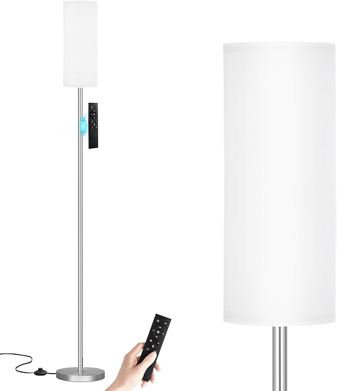 Ambimall 64'' Floor Lamps for Living Room with Remote Control and Stepless Dimmable Colors Temperature & Brightness, 9W Bulb Included(White Lampshade & Silver Pole)