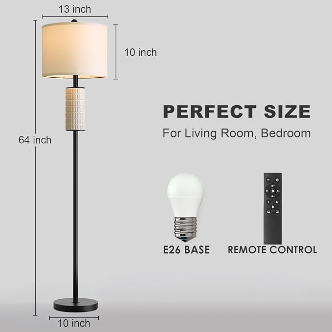 PoKat Ceramic Floor Lamp with Remote, 64" Modern Floor Lamps for Living Room with Stepless Dimmable Colors Temperature, Tall Standing Lamp for Living Room Bedroom Office, 9W Bulb Included, Black