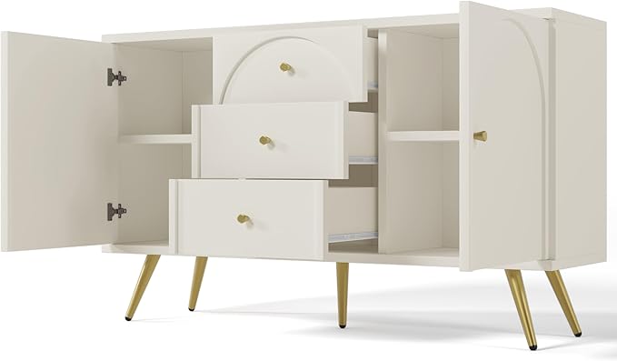 KEIKI 55'' Modern 2-Doors Buffet Sideboard Storage Cabinet with 3 Drawers & Metal Legs, Wood Entryway Console Table for Living Room, Hallway, Dining Room, White
