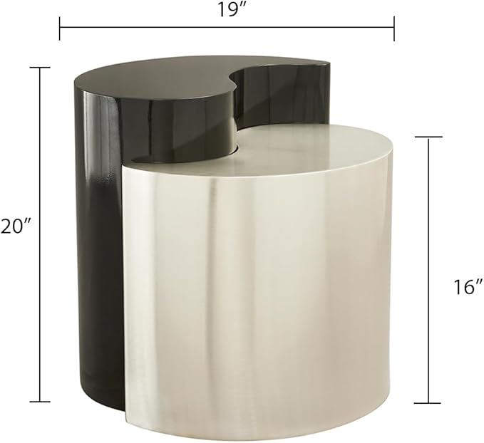 Modern Contemporary Luxury Ying-Yang 20" Height End Table Set, Sculptural Design with Aluminum Frame for Living Room, Entryway, Home & Office, Black & Silver Dual Tone End Table