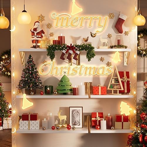 BAYKA Wall Shelves for Bedroom Decor, Floating Wall Shelf for Living Room Kitchen Storage, Mounted Rustic Wood Shelves for Kids Books, Christmas Decorations for Room(White and Gold，Set of 4)