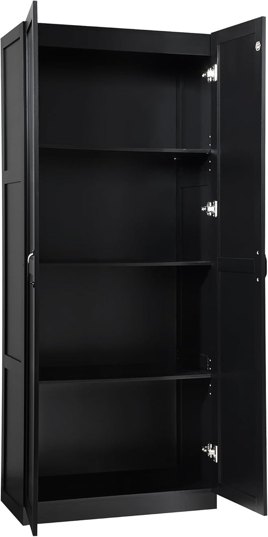 Manhattan Comfort Hopkins Modern Freestanding Storage Cabinet with 4 Adjustable Shelves & Soft Close Doors, Tall Multipurpose Organizer for Kitchen, Pantry, Garage, Mudroom, Set of 1, Black