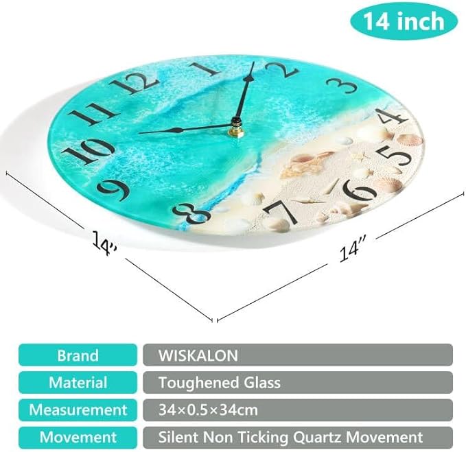 Coastal Nautical Glass Wall Clock with Seashell Design and Aesthetic Beach Theme - Battery Operated Silent Wall Decor for Home, Kitchen, Living Room, Office, Bedroom, or Bathroom (14 Inch,Teal)
