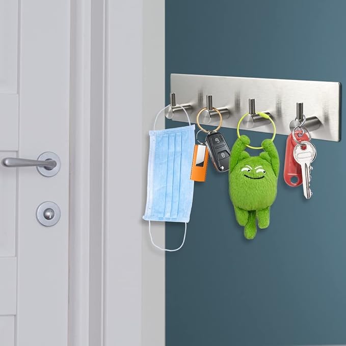 Picowe Key Holder for Wall Decorative, Adhesive Stainless Steel Key Hooks, Key Hanger Key Organizer for Wall, Towel Hook Coat Hanger for Entryway Hallway Kitchen(Four Rows,Sliver 1PCS)