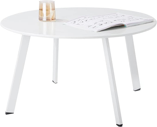 Outdoor Side Table, Outdoor/Indoor Metal Steel Patio Coffee Table, Round Weather Resistant Anti-Rust, White
