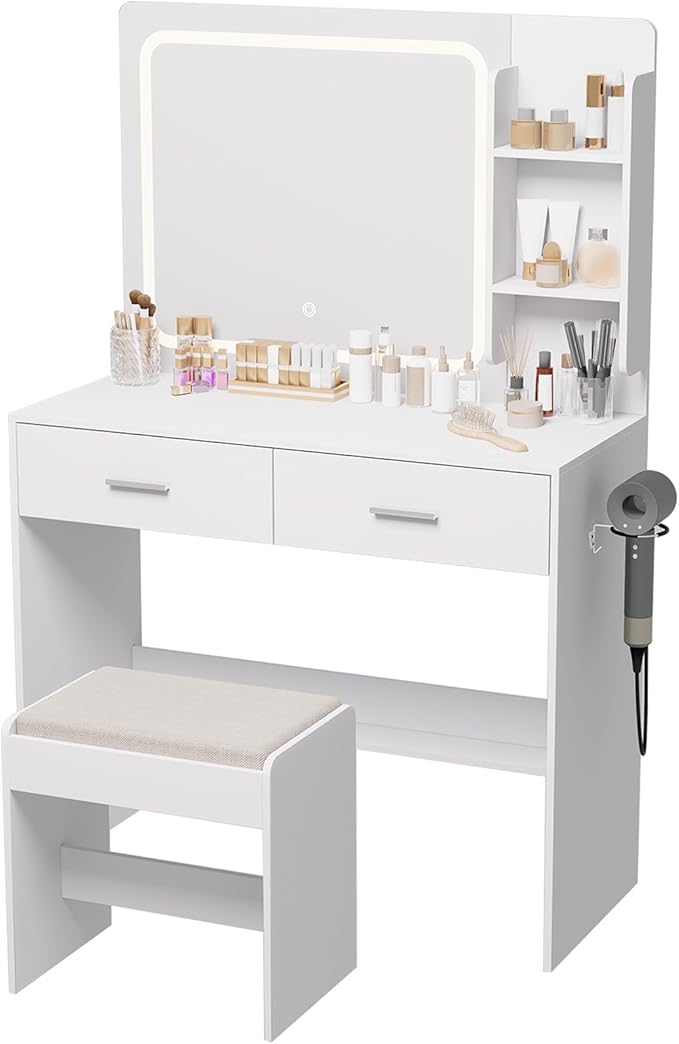 Makeup Vanity with Lighted Mirror & Electrical Outlet - 2 Shelves, 2 Drawers, Bottom Storage - Comes with Upholstered Stool （White）