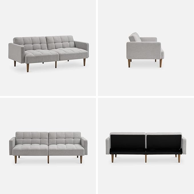 mopio Aaron 76.8" Couch, Small Futon Sofa Bed, Sleeper, Loveseat, Mid Century Modern Futon Couch, Sofa Cama, Couches for Living Room, Bedroom (Light Gray, Fabric)