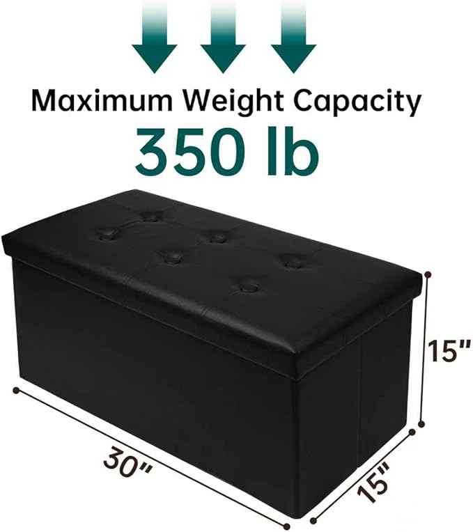 30 Inches Folding Storage Ottoman Bench, Faux Leather Footstool Ottoman, Storage Trunk Footrest for Bedroom, Living Room and Hallway, Support 350lbs, Black（Black line）