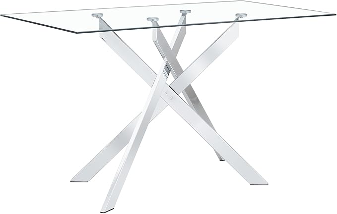 HomVent 51.18" Rectangular Clear Tempered Glass Dining Table,Stylish Design with Silver Metal Legs, Dining Table for Dining Room