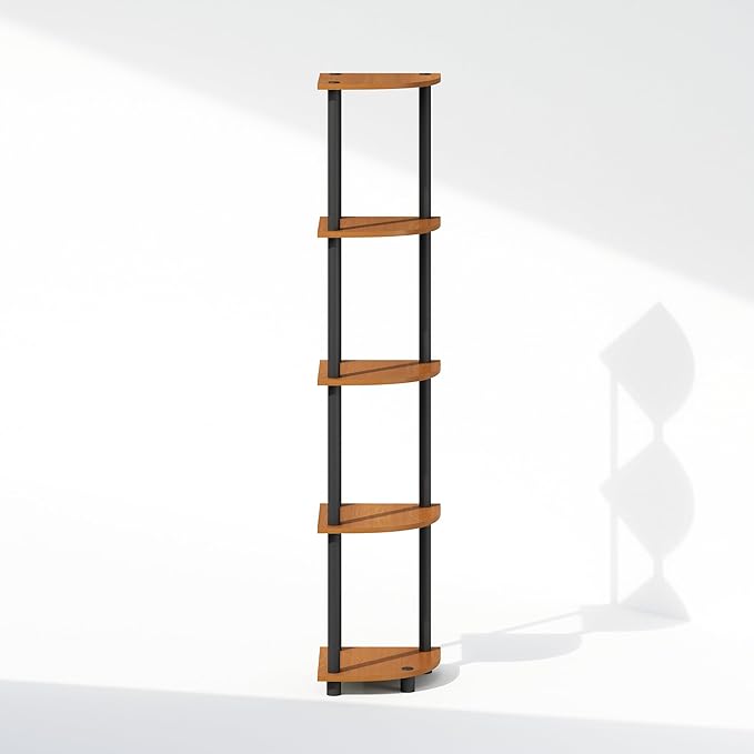 Furinno Turn-N-Tube Storage Shelves, 5-Tier Book Shelf, Corner Shelf, Toolless Open Shelves, for Organization and Storage, Living Room, Home Office, Hallway, Bedroom, Light Cherry