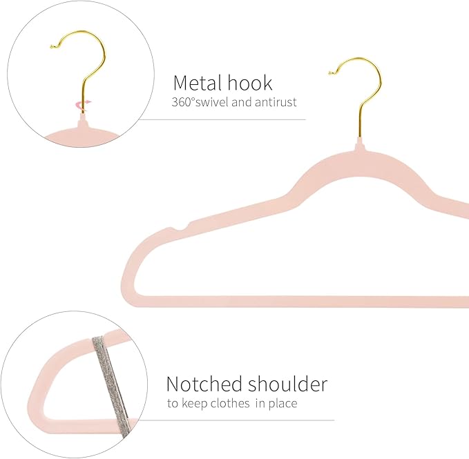 ManGotree Velvet Coat Hangers, Non-Slip Felt Suit Hangers, Ultra-Slim Space Saving Clothes Hanger with 360° Swivel Golden-Plated Hook, 36 Pack (Light Pink)