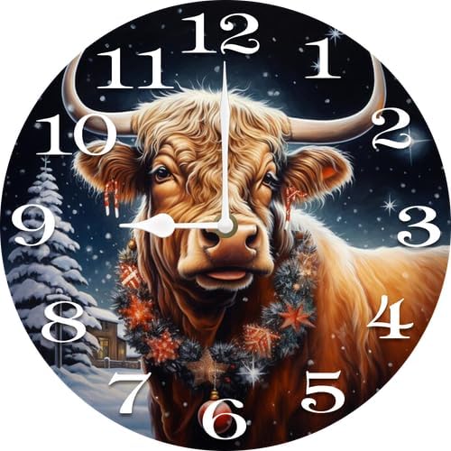 Cow with Christmas Wall Clock Large Silent Non-Ticking Battery Operated Modern Clocks for Living Room Decor/Bedroom/Office (12x12 in)