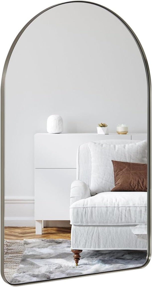 ANDY STAR Arched Mirror, 20" x 30" Brushed Nickle Bathroom Mirror in Stainless Steel Metal Frame, Arch Top Rounded Corner 1" Deep Set Design Wall Mount Hangs Vertical