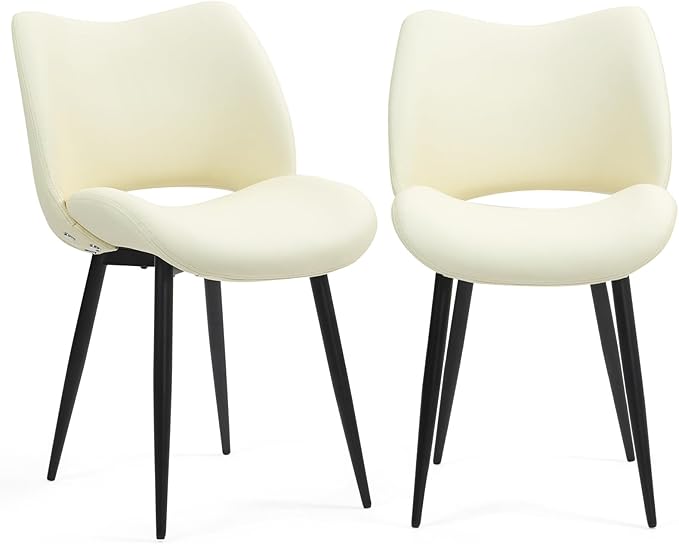 Modern Upholstered Dining Chairs Set of 2 Accent Dinner Chair with Pu Faux Leather and Middle Curved Back for Kitchen Living Room Bedroom (Beige)