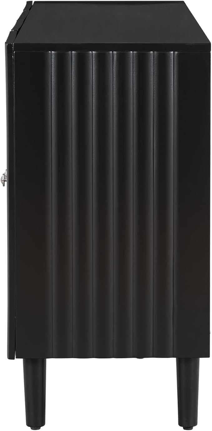 Modern Elegant Sideboard with 4 Wavy Pattern Doors and Cylindrical Legs, 58'' Storage Cabinets with Adjustable Shelves, Accent Entryway Cabinet for Living Room Hallway Kitchen (Black-4UV)