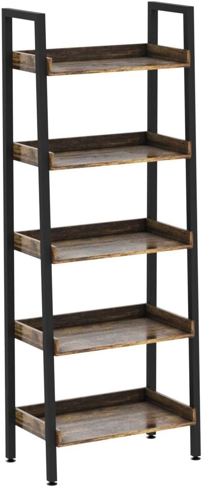 ASTARTH Ladder Shelf-5 Tier Bookshelves w/Open Shelf for Storage, Industrial Bookshelf & Tall Ladder Shelf-Metal Frame for Bedroom, Living Room, Kitchen-67.3'' H, Easy Assembly, Rustic Brown (HD021)