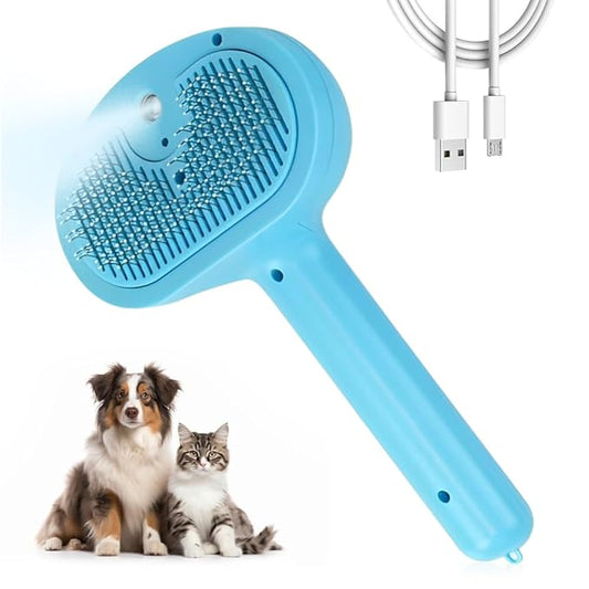 Pet Steam Brush for Dog and Cat, 2025 New 3 in 1 Steam Grooming Brush for Shedding and Hair Removal, Self Cleaning Spray Comb with Mist, Pet Spray Hair Removal Comb for Long Haired Pets (Bule)