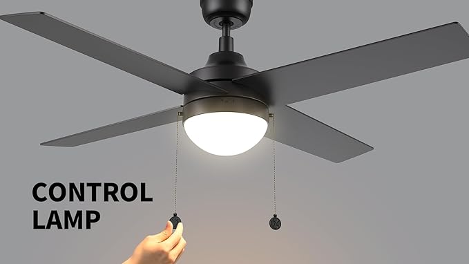 CEME 52" Ceiling Fan with Light Low Profile, DC 5 Speeds Silent Ceiling Fan with Remote, 4 Dual Finish Blades, 3 Light Colors Dimmable LED for Bedroom Room, Black