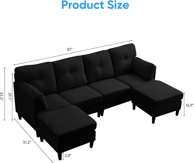 PUREMIND Sectional Couches for Living Room, Modern Snow Velvet U-Shaped Sofa Couch with Double Chaise, Upholstered 4 Seater Home Sofa for Living Room, Apartment, Office, Black