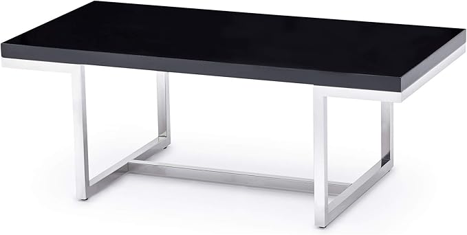 Modern Straz Coffee Table Glossy Black Lacquer Top Polished Stainless-Steel Base