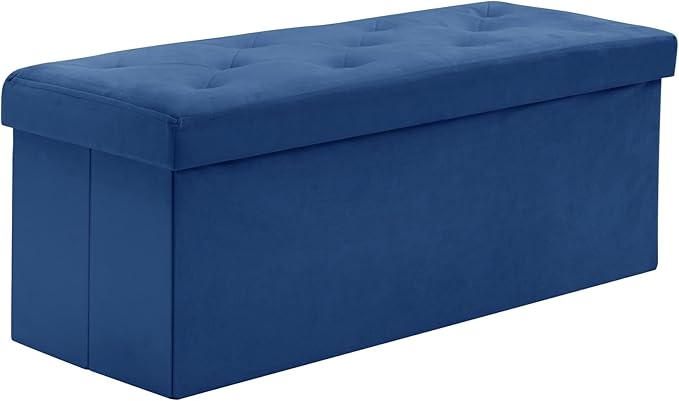 BRIAN & DANY 43 Inches Folding Storage Ottoman Bench, Velvet Ottoman with Storage for Living Room, Long Shoes Bench,Flannelette Footrest Benches Seat (Blue)