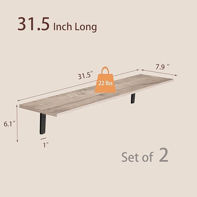 DINZI LVJ Long Wall Shelves, 31.5 Inch Wall Mounted Shelves Set of 2, Easy-to-Install, Floating Storage Ledges with Sturdy Metal Brackets for Living Room, Bathroom, Bedroom, Kitchen, Greige
