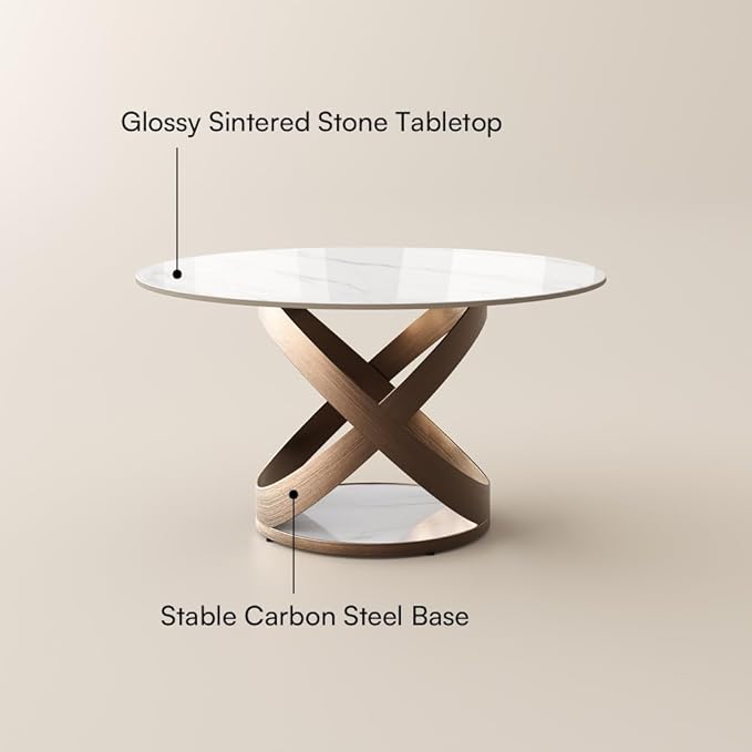 POVISON 51" Modern Round Dining Table for 4-6, Glossy White Round Dining Room Table, Sintered Stone Dining Tabletop with Bronze X Carbon Steel Base (Dining Table Only)