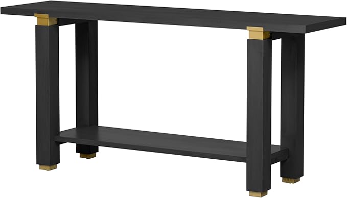63" Modern Minimalist Console Table with Storage Shelf, Solid Wood Industrial Entryway Sofa Table with Metal Accents for Living Room, Hallway (Black)