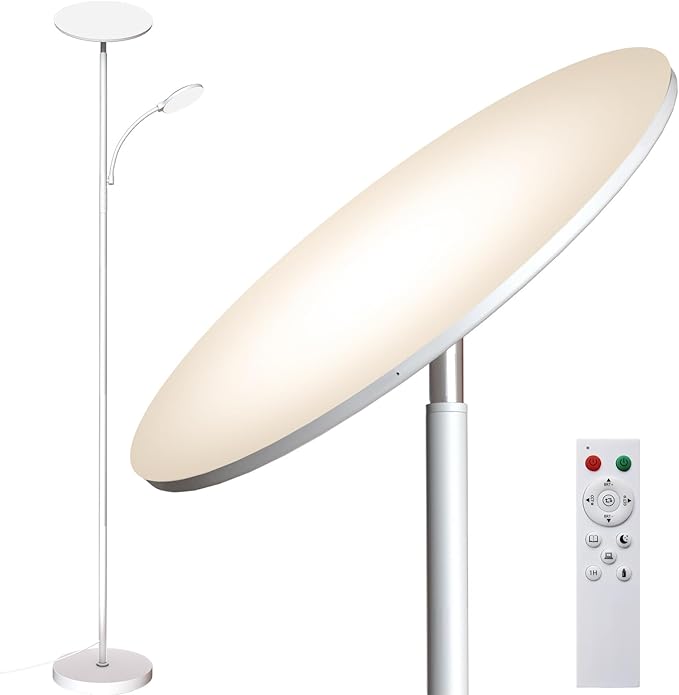 White Floor Lamps for Living Room, 44W/4500LM Super Bright 2 in 1 LED Floor Lamp with Remote, Stepless Dimmable, 69" Tall Standing Floor Lamp with Bendable Reading Light for Bedroom Office