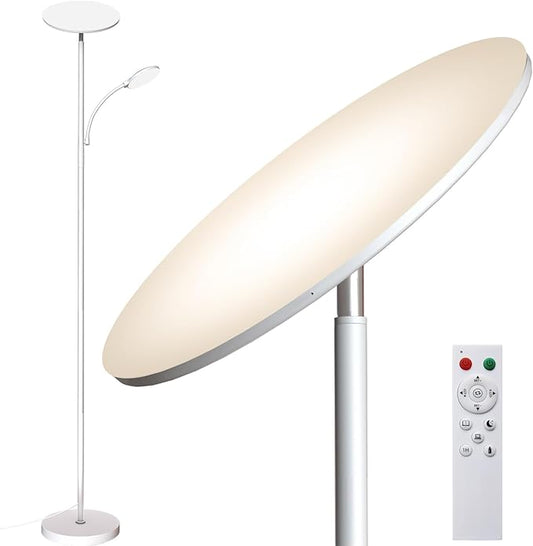 White Floor Lamps for Living Room, 44W/4500LM Super Bright 2 in 1 LED Floor Lamp with Remote, Stepless Dimmable, 69" Tall Standing Floor Lamp with Bendable Reading Light for Bedroom Office