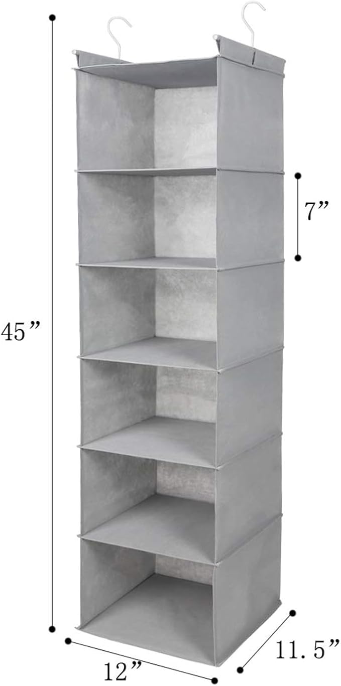 MAX Houser 6 Tier Shelf Hanging Closet Organizer, Closet Hanging Shelf with 2 Sturdy Hooks for Storage,2 Pack, Foldable (Light Grey)