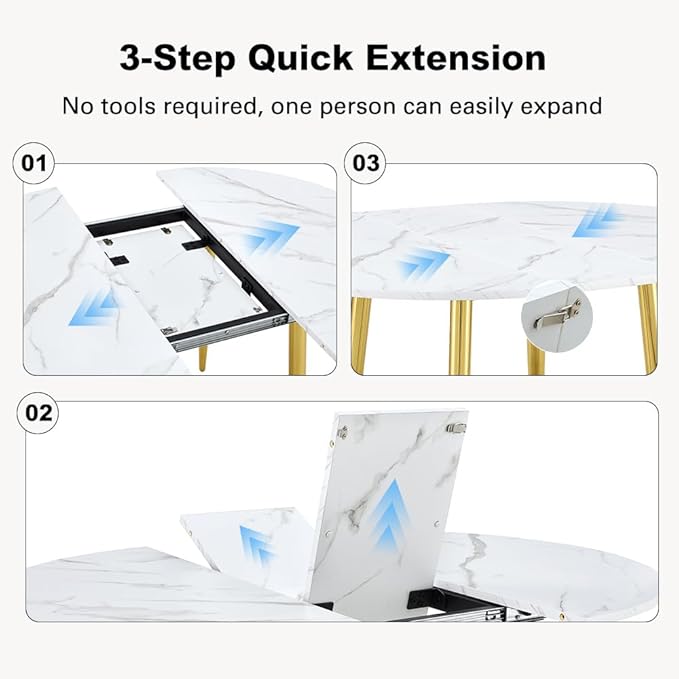 42"-54" Round Extendable Dining Room Table for 4–6, White Faux Marble & Wood Grain Top with Gold Metal Legs, Modern Luxury Oval Dining Room Table, Space-Saving Kitchen Table, Easy Assembly