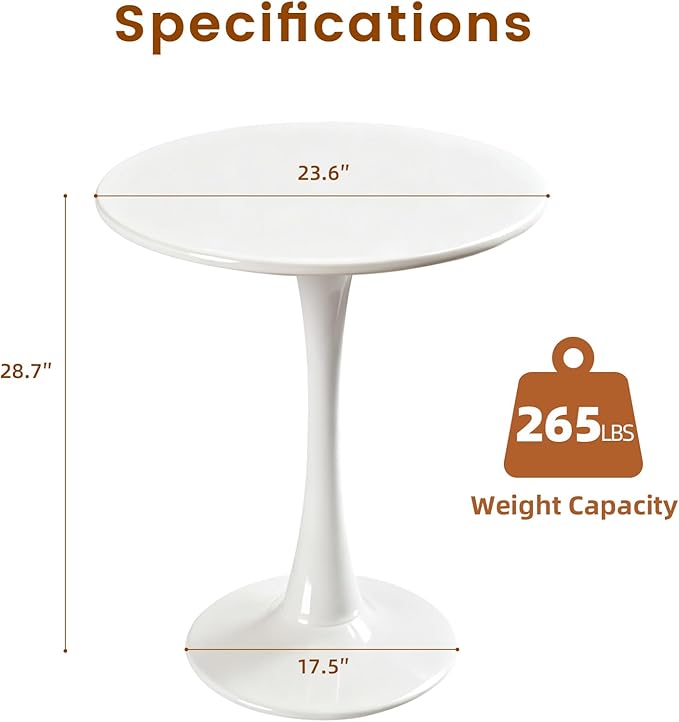 Round Dining Tulip Table for 2, Mid-Century Modern Table with Sturdy Metal Pedestal for Kitchen, Bistro, Cafe, Leisure (White, 24 INCH)
