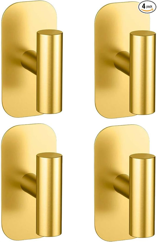 Adhesive Towel Hooks for Shower,Waterproof Heavy Duty Bathroom Hooks,Wall Mounted Sticky Hangers for Coats/Aprons/Robes,No Drilling(Gold,4 Pack)