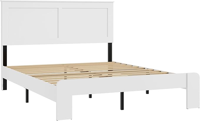 Queen Size Bed Frame, Vintage Platform Bed Frame with Wood Headboard and Footboard, 12 Wood Slats Support, No Box Spring Needed (White)