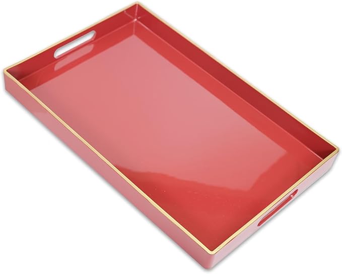 Red Decorative Coffee Table Tray, Rectangular Plastic Serving Tray with Handles for Living Room, Ottoman, Bathroom, 15.7"*10.2"