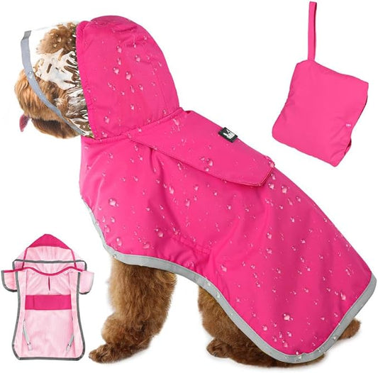 SlowTon Dog Raincoat, Adjustable Dog Rain Jacket Clear Hooded Double Layer, Waterproof Poncho with Reflective Strip Straps and Storage Pocket for Small Medium Large Dogs Puppies(FU S)