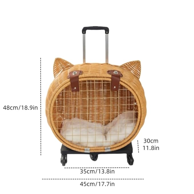 Rattan Cat Stroller with Wheels, Pet Portable Trolley Case, Breathable Cat Cage Trolley for Dog and Rabbit