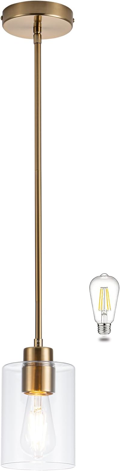 MAYNA 1-Pack Brushed Brass Drop Light, Modern Mid Century Cylinder Pendant with Bulb, Adjustable Rods Gold Finish Ceiling Lamp for Bedroom, Living Room Corner