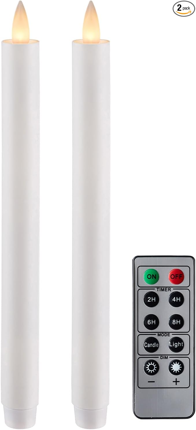 Flameless Taper Candles Flickering with Remote and Timer, 3D Moving Flame Taper Candle Battery Operated to 400 Hours, 9 Inch Window Candles, (White)