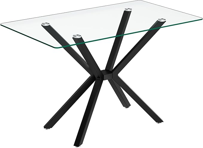 47'' Modern Glass Dining Table for 2-4 People, Rectangular Dining Room Table with Black Metal Legs, Clear Tempered Glass Top Dining Table for 4, Cpmpact Dinner Kitchen Table for 4