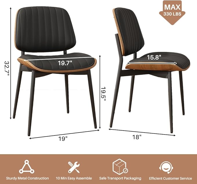 Dining Chairs Set of 2, Mid-Century Modern Upholstered PU Leather Chairs with Walnut Bentwood Back and Metal Legs for Kitchen Dining Living Room, Black Vertical Stripes