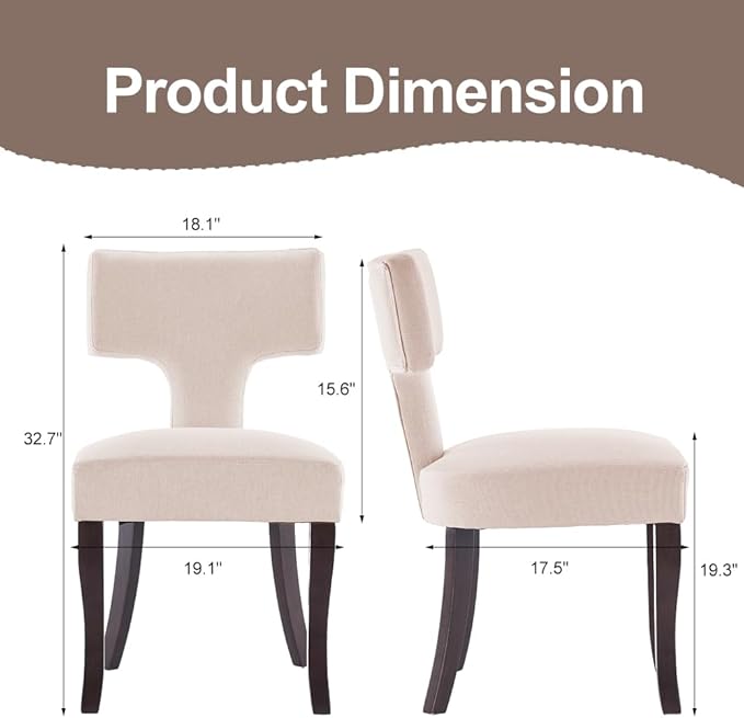 Mid Century Modern Dining Chairs Set of 2, Upholstered Side Dining Chairs with Curved Back Linen Fabric Armless Wood Chairs Kitchen & Dining Room Farmhouse Chairs (Ivory, Set of 2)