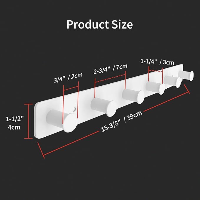 Coat Rack Wall Mounted, White Coat Hooks Adhesive & Screw in, Stainless Steel Door Hooks for Hanging Hat Towels Clothes, Hook Rail with 6 Round Hangers
