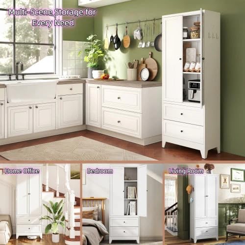 72'' Storage Cabinet, 2 Adjustable Shelves Kitchen Pantry with 2 Drawers, Tall White Metal Storage Cabinet with External Hooks, Modern Freestanding Heavy-Duty Pantry for Kitchen