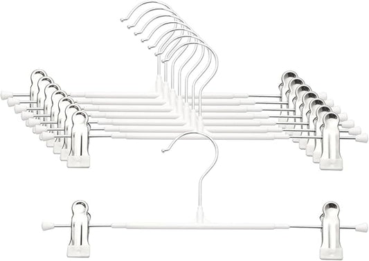 Pants Hangers with Clips - 8 Pack Heavy Duty, Non-Slip Adjustable Space Saving Skirt Hangers for Pants, Jeans, Shorts | White | 12 Inch