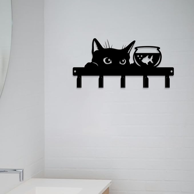 magilab Cat-Themed 10-Inch Iron Key Hooks with 5 Hooks, Black Wall Organizer - Cute Cat Design for Home Decor, No Drill & Screw-in Options (Style F)