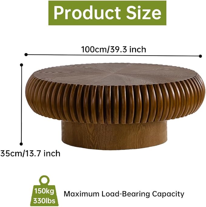 Brown Round Coffee Table for Living Room Round Fluted Drum Coffee Table Modern Walnut Fluted Coffee Tables for Living Room (Walnut, 39.3 inch)