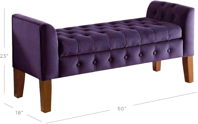 HomePop Velvet Tufted Storage Bench Settee with Hinged Lid, Purple 50" x 18" x 23"