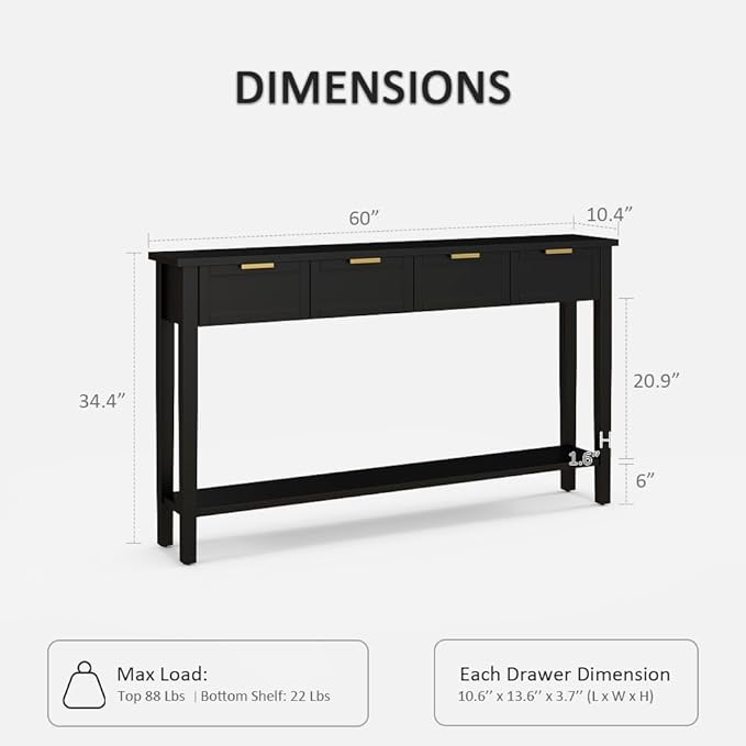 Console Tables for Entryway, 60 Inch Sofa Table w/4 Drawers and Bottom Shelf Narrow Long Hallway Table for Living Room Entryway Home, Black